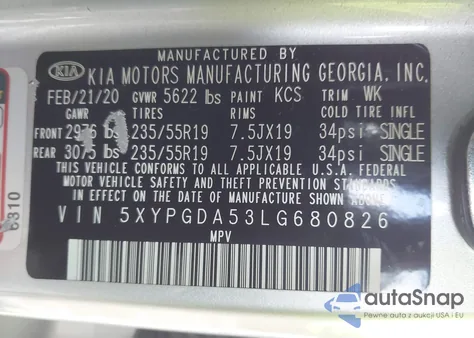 2020 Kia Sorento 3.3L S z USA, uszkodzony, nr VIN 5XYPGDA53LG680826